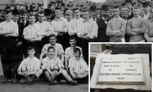Dundee’s first-ever match in 1893, William ‘Plum’ Longair is middle row, first on left.