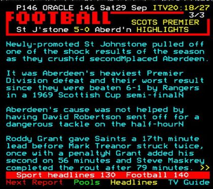 St Johnstone's win over Aberdeen as it was reported on teletext.