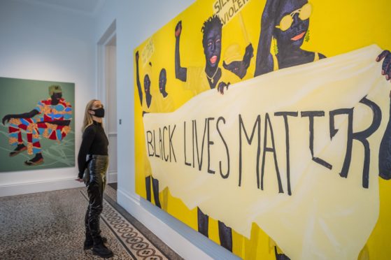 Mandatory Credit: Photo by Guy Bell/Shutterstock (10977862x)
blacklivesmatter (Divine Protesting), 2020 - Becoming a new exhibition by Ghanaian painter Kwesi Botchway. Curated by Ekow Eshun it is at Gallery 1957 in Hyde Park Gate. Created whilst in-residence at the gallery's Ghana space, mostly under lockdown restrictions during the COVID-19 pandemic, the works reflect on a moment of worries of survival as well as global racial and political unrest.
Becoming by Ghanaian painter Kwesi Botchway at Gallery 1957., Hyde Park Gate, London, UK - 28 Oct 2020