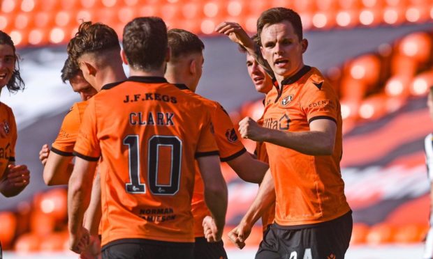 Lawrence Shankland and Nicky Clark celebrate the former's goal against St Mirren.