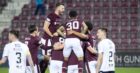 Hearts celebrate the first of their six goals against Dundee.