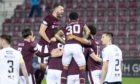 Hearts celebrate the first of their six goals against Dundee.