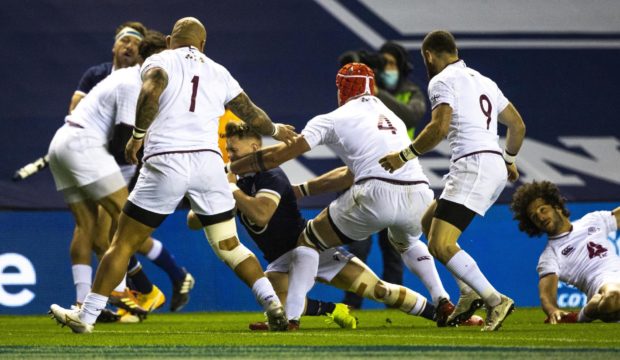 Despite being surrounded by Geirgians, Darcy Graham scores Scotland's first try in the first Autumn Test at Murrayfield.