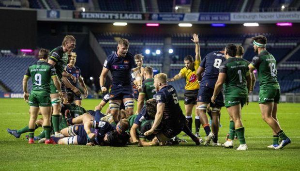 Mike Willemse scores Edinburgh's third try against Connacht at Murrayfield.