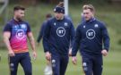 Ali Price (left) with Finn Russell and Stuart Hogg (right) at Scotland training this week.