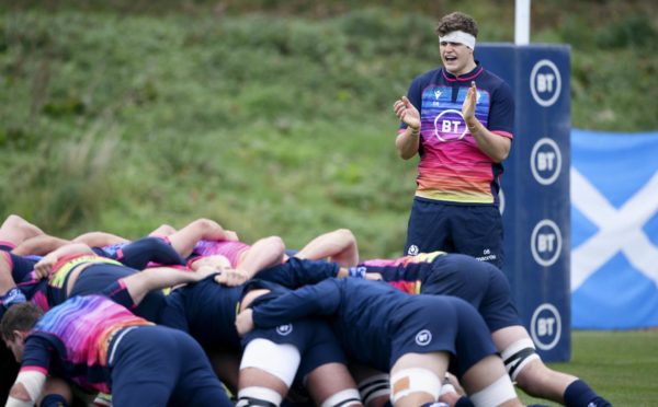 Scott Cummings encourages his team-mates during Scotland training session at Oriam.