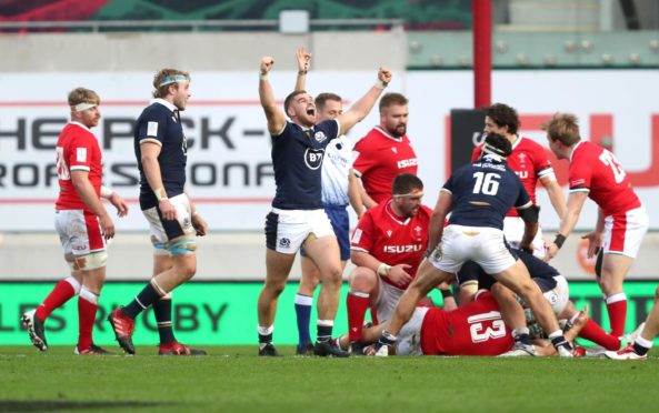 Scotland players celebrate the key clinching penalty at the end of Scotland's win.