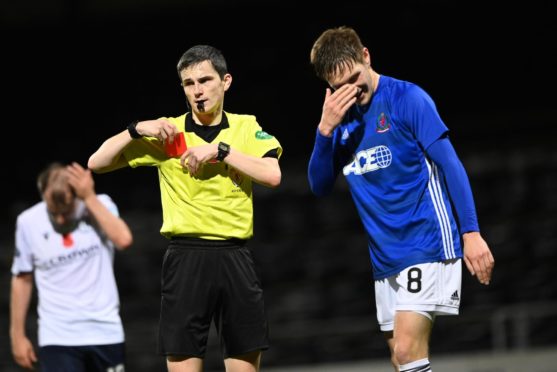Cove Rangers' Blair Yule is red carded at Dens Park.