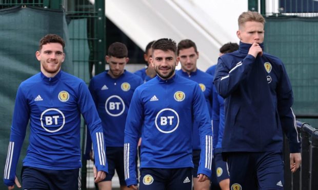 Scotland stars - led by Andy Robertson, Greg Taylor and Scott McTominay - train today ahead of Serbia clash.