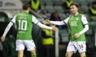 Hibernian's Stevie Mallan celebrates his opening goal against Dundee at Easter Road.