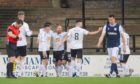 Ayr United players celebrate Michael Moffat's goal after going 2-0 up against Dundee.