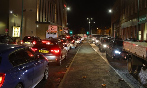 Traffic backed up on the West Marketgait in Dundee due to the incident on Dock Street.