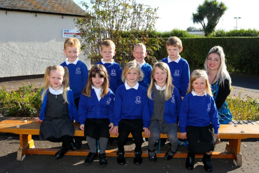 St Monan's Primary School P1 class with teacher Miss Paxton.