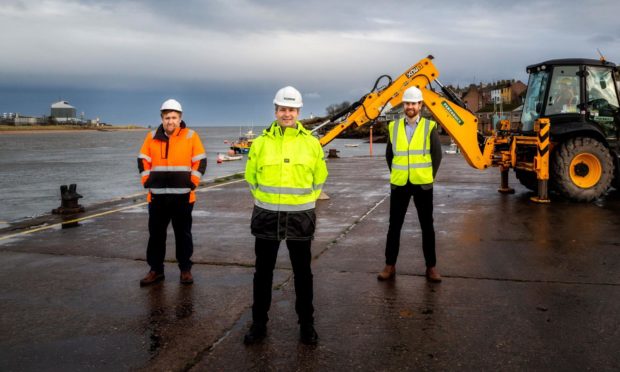 Montrose Port chief executive Captain Tom Hutchison, Pert-Bruce managing director Craig Bruce and SSE Renewables offshore wind package manager Andy Kay.