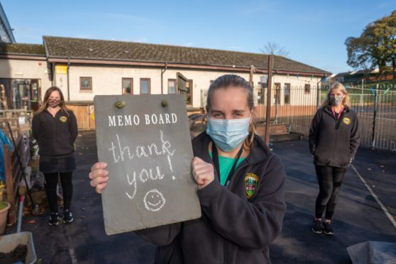 L to R Early Years Officers Miss Rachel O'Bole, Miss Lynette Thomson and Mrs Caroline Russell, Pitreavie Primary School where fire destroyed the nursery garden.