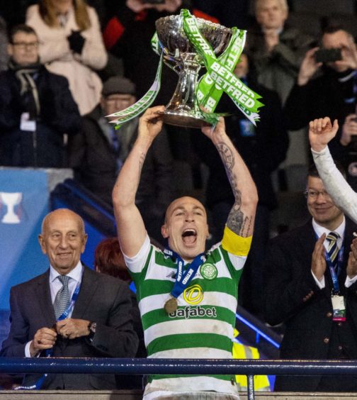 Celtic captain Scott Brown lifts Betfred Cup last December after 1-0 win over Rangers at Hampden.