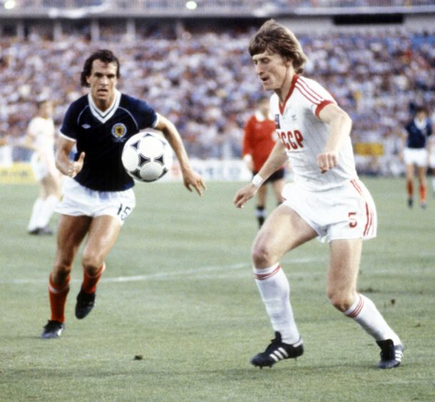 Sergei Baltacha playing against Scotland in the 1982 World Cup.