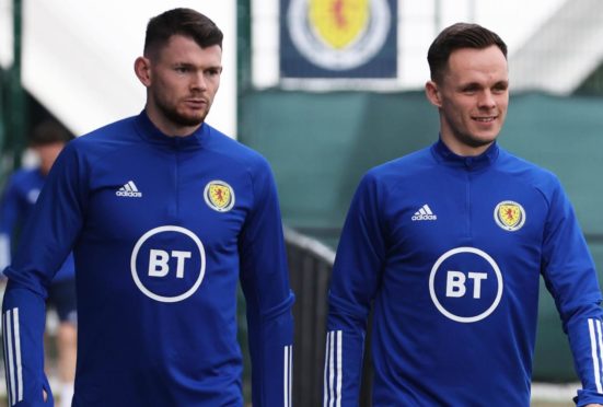 Lawrence Shankland with one of his rivals for a place in the Scotland squad, Oli Burke.