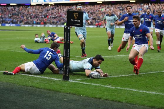 Sean Maitland scores for Scotland against France in their last Six Nations meeting.