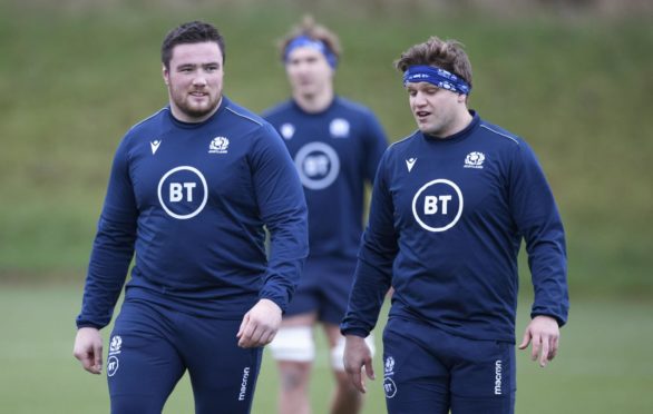 Zander Fagerson and Glasgow team-mate George Turner at Scotland training.