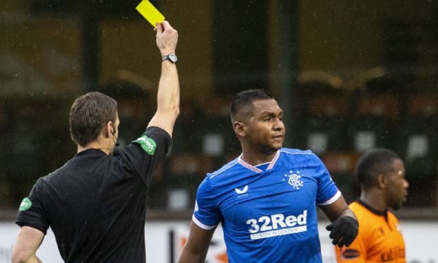 Alfredo Morelos is booked for the challenge.