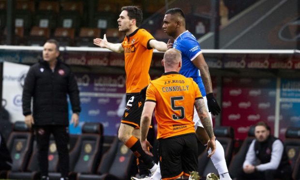 Mark Connolly after being fouled by Alfredo Morelos.