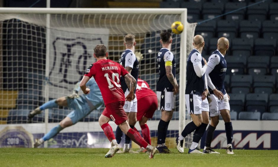 Declan McManus late free-kick earned Dunfermline a point in the 3-3 draw at Dens Park in December 2020.