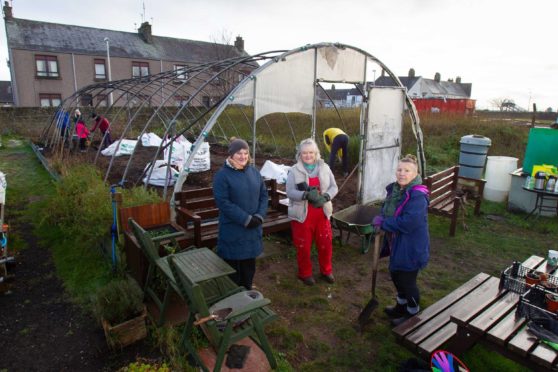 Food is Free founders at the destroyed polytunnel. From left: gardens Laura-Mae Kennedy, Mibby McAinsh, and Laura Tierney