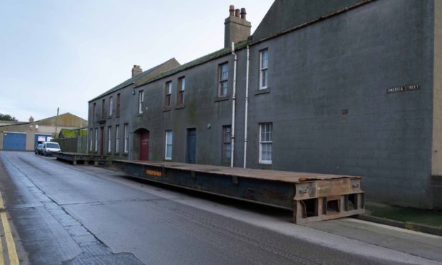 The trailers parked outside the Rix premises in America Street, Montrose.
