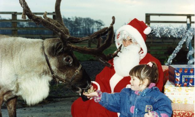 Three-year-old Kylie Barclay from Dundee with Santa Claus and his reindeer at the Deer Centre near Cupar in 1990.