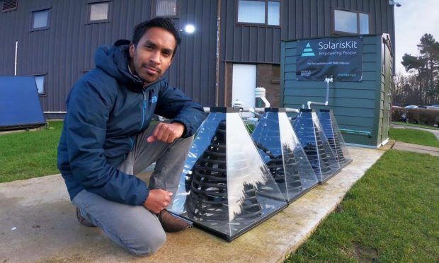 Faisal Ghani is pictured with the SolarisKit flat-packable solar thermal collectors has been on the accelerator programme.
