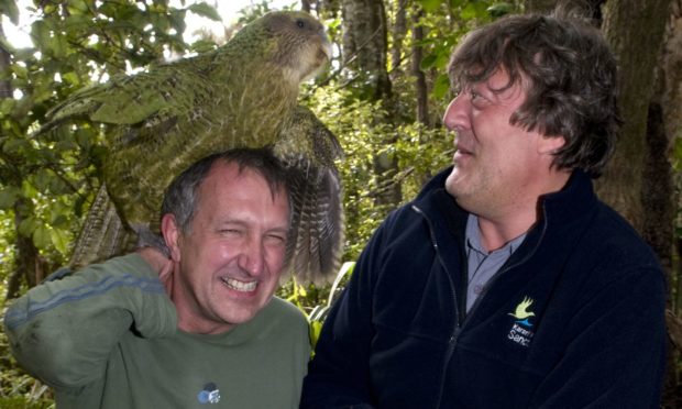 Siroccco trying to mate with Mark Carwardine while filming BBC TV series Last Chance to See with Stephen Fry