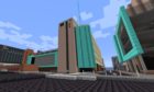 An exterior view of Abertay University on Minecraft.