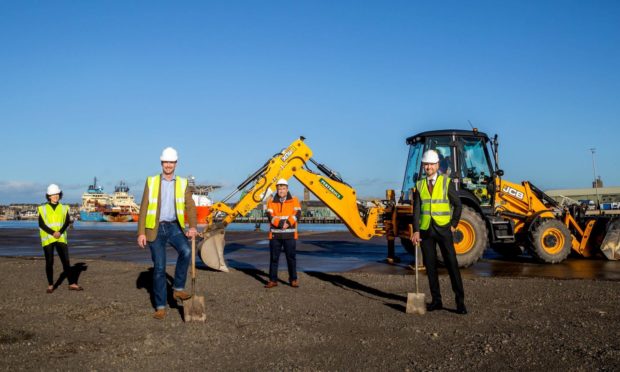 Breaking ground on Seagreen operations and maintenance base at Port of Montrose - Angus North and Mearns MSP Mairi Gougeon, Angus MP Dave Doogan, Montrose Port Authority chief executive Captain Tom Hutchison and Andy Kay, SSE.