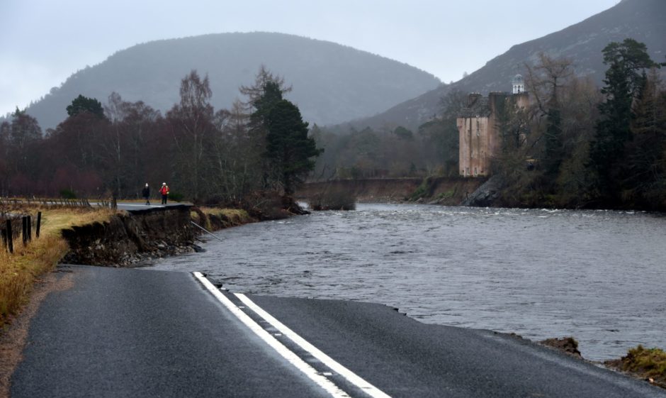 Part of the A93 near Crathie was washed away by flood waters during Storm Frank while Abergeldie Castle teetered on the brink of collapse.