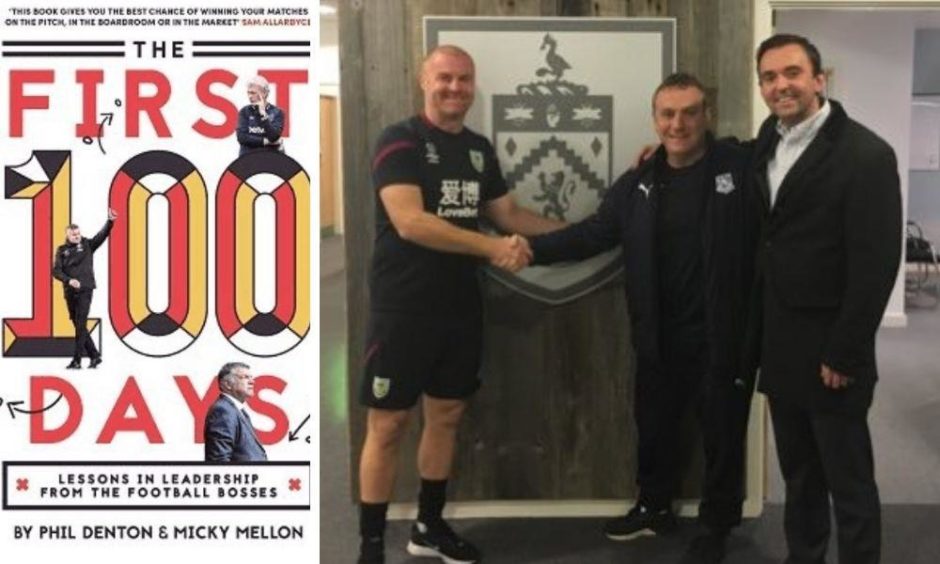 Micky Mellon and Phil Denton's book (left) and the duo with Burnley boss Sean Dyche.