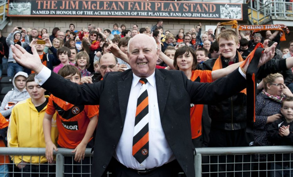 Jim McLean with Dundee United fans in 2011 after stand was named after him.