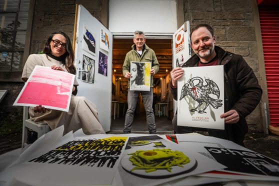 From left: Kathryn Rattray, Chris Kelly, project co-ordinator for
Tayside Healthcare Arts Trust, and Scott Hudson, co-founder of the collective.