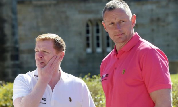 Neil Lennon and Rab Douglas at a charity golf day.