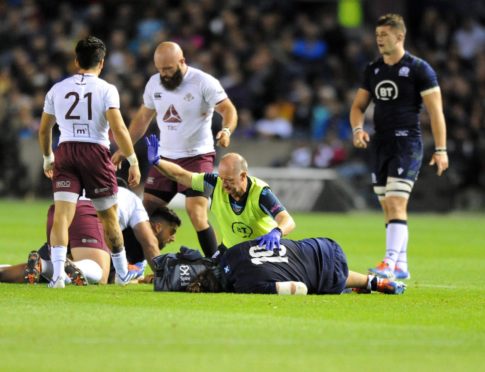 Ben Toolis gets treatment for a head knock playing for Scotland against Georgia last year.