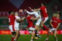 Flailing arms "contesting" another kick in the Wales-England Autumn Nations Cup game.