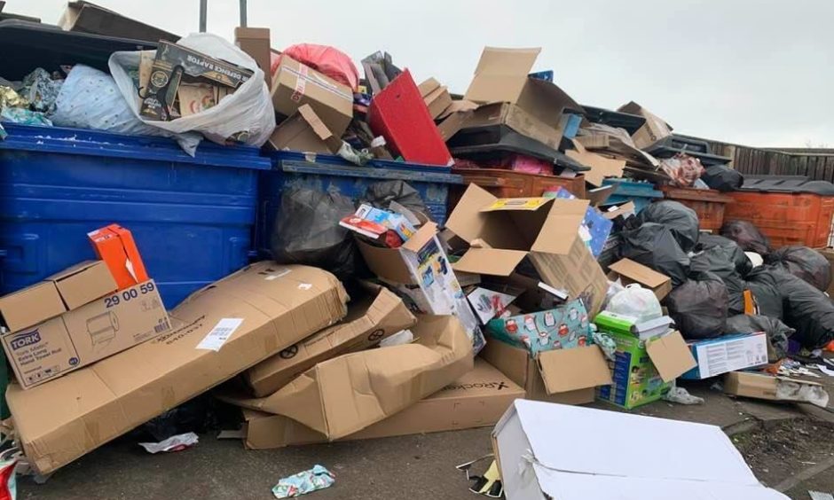 Rubbish dumped by recycling containers on Wellesley Road, Methil after Christmas in 2020.