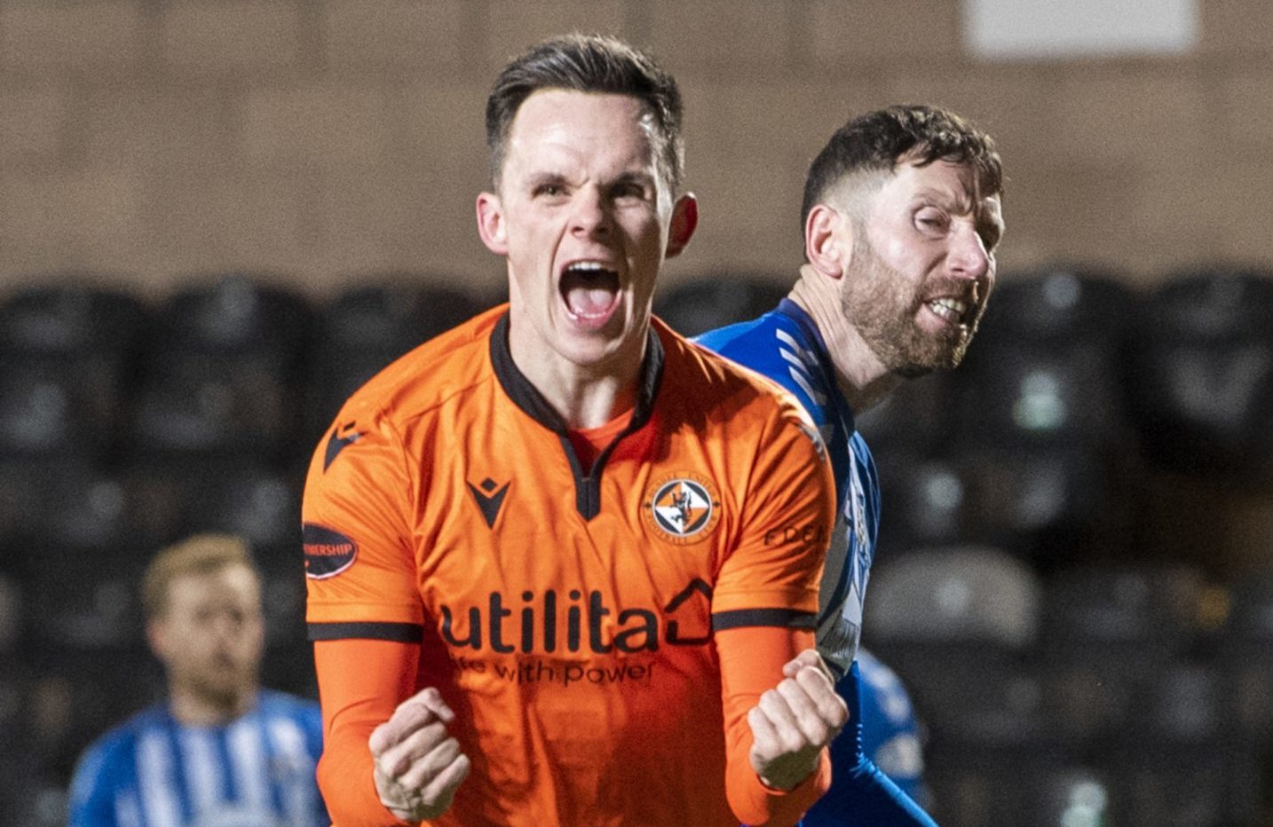 Lawrence Shankland celebrates scoring for Dundee United against Kilmarnock.