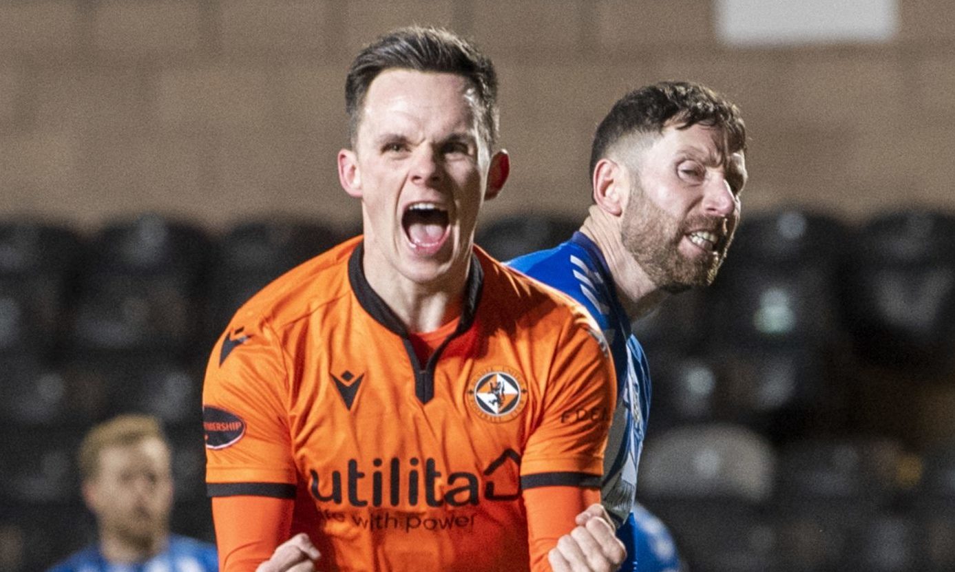 DUNDEE, SCOTLAND - DECEMBER 23: Dundee United's Lawrence Shankland celebrates making it 2-0 during a Scottish Premiership match between Dundee United and Kilmarnock at Tannadice, on December 23, 2020, in Dundee, Scotland. (Photo by Ross Parker / SNS Group)