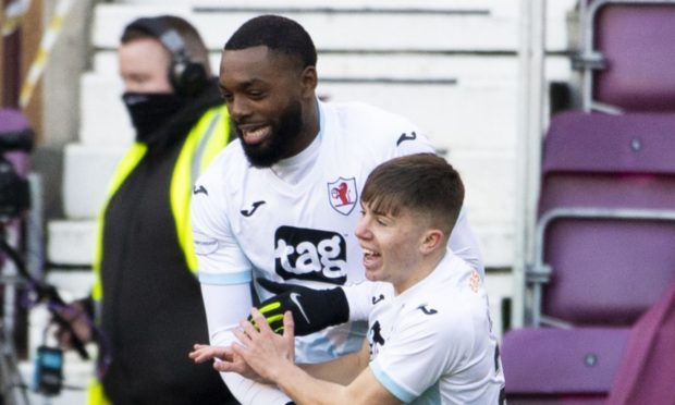 Raith Rovers duo Gozie Ugwu (L) and Kai Kennedy (R) celebrate.