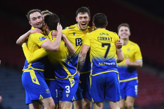 Saints celebrate their third goal against Hibs in the semi-final.