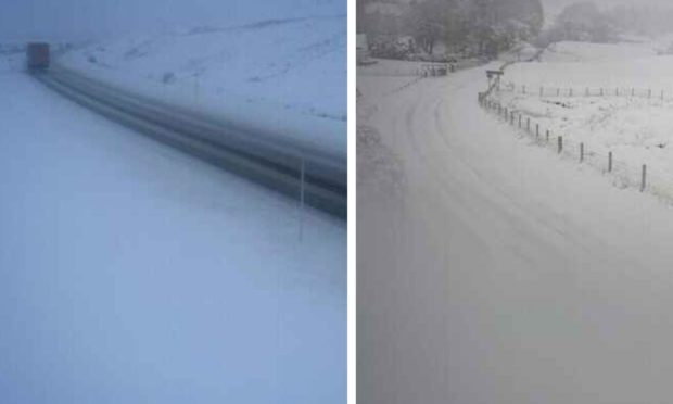 Images show the white-out weather on the A9 at Drumochter (from Bear Scotland's Twitter) and in the hamlet of Amulree (courtesy of a Perth and Kinross Council road camera).