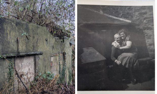 The rear of the Burnside Street building now and, right, Winnie and William Sutherland sitting in the same garden space in around 1950. Supplied by Annette Young