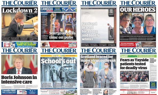 Courier front pages from a year of the coronavirus pandemic.