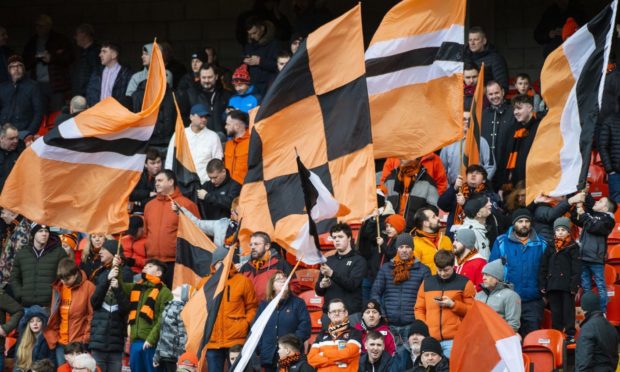 DUNDEE, SCOTLAND - FEBRUARY 1: Dundee Uniteds fans during a Ladbrokes Championship match between Dundee United and Arbroath, at Tannadice, on February 1, 2020, in Dundee, Scotland. (Photo by Euan Cherry / SNS Group)